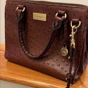 Brahmin Chestnut Brown Ostrich-Embossed Satchel with Gold Hardware